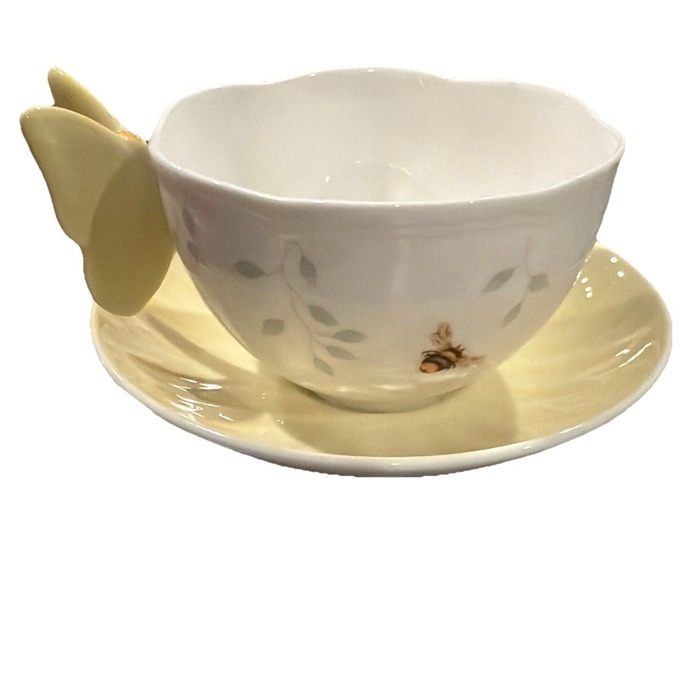 Lenox Butterfly Meadow Tea Cup And Saucer Set Bee Butterfly‎ Handle Yellow NEW